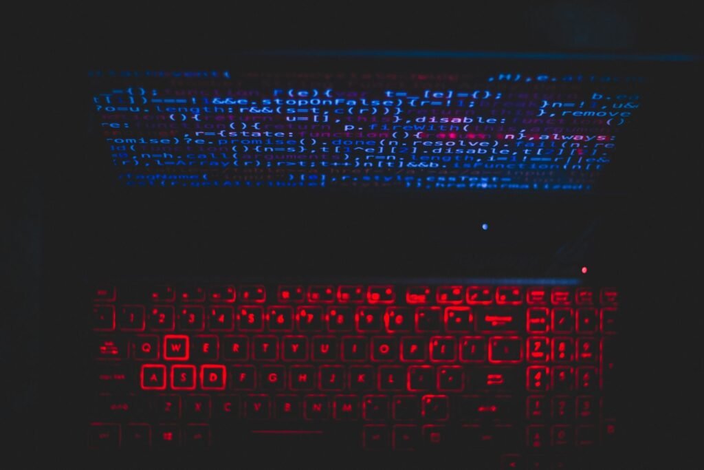 Dark blue lit workspace with glowing tech setup, digital marketing theme